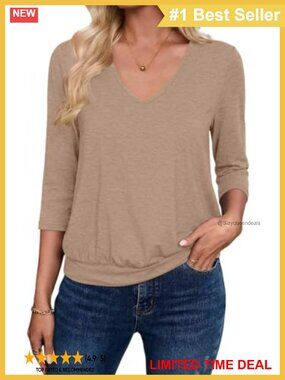 V Neck 3/4 Sleeve Blouse Banded Bottom Tunic Casual Shirt
